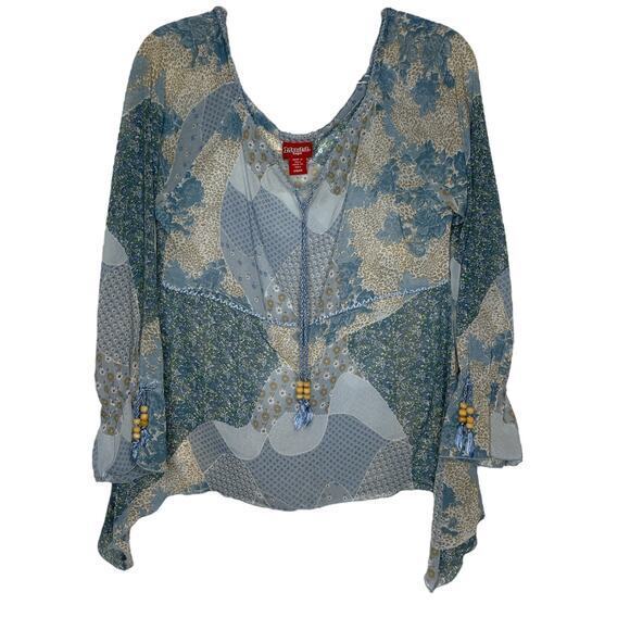 Mudd Womens Floral Beaded Tie Peasant Sheer Blouse Size M Blue Vintage Y2K Boho - Picture 1 of 5
